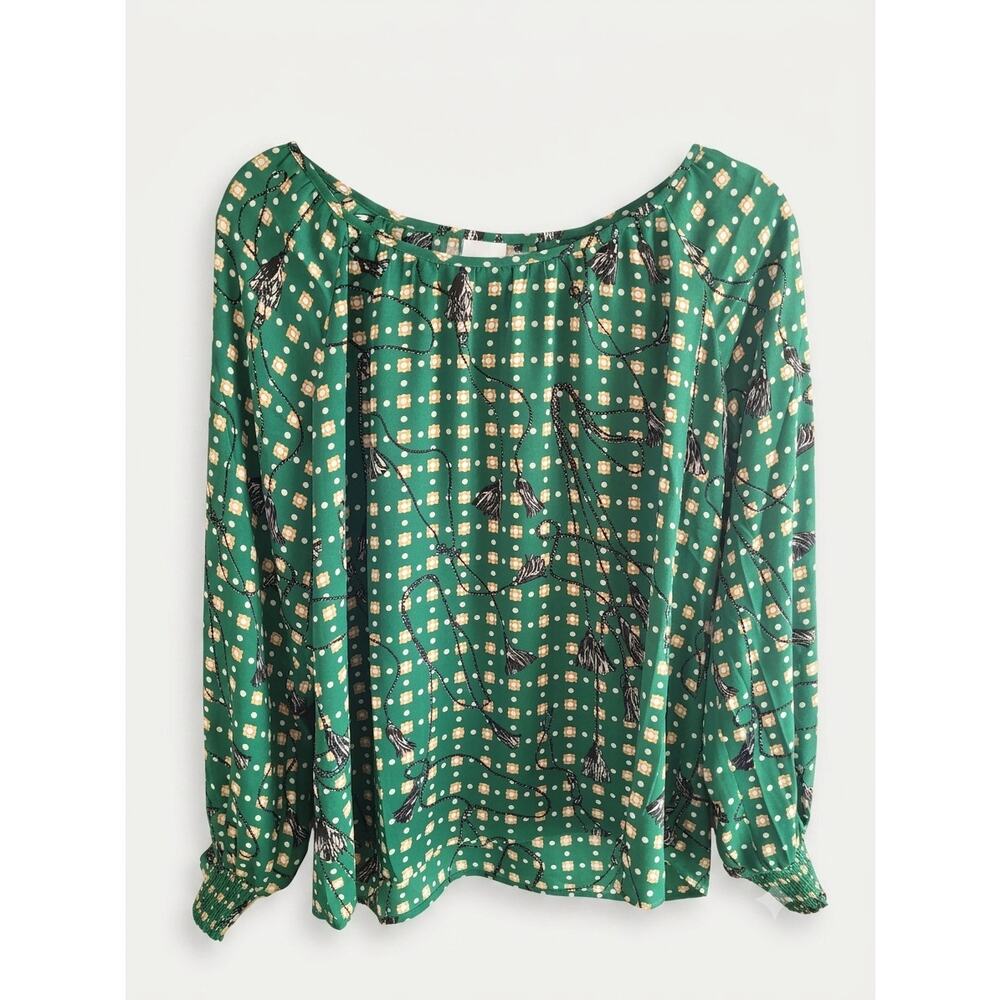 Cabi Women's Green Patterned Long Sleeve Blouse - Medium NWOT Preppy Classic